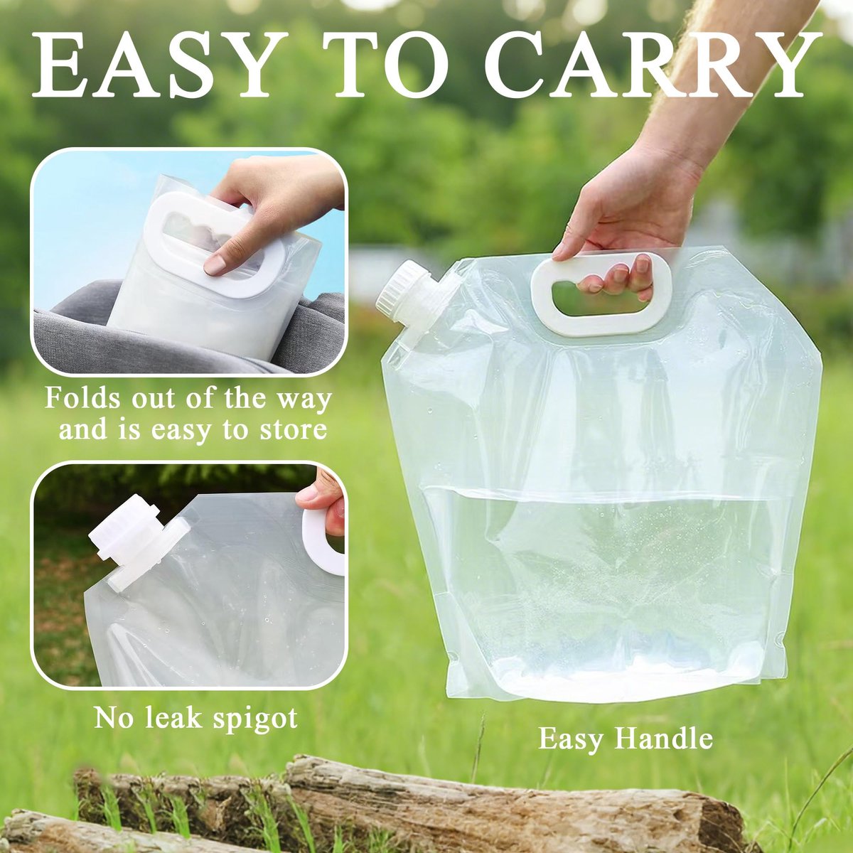 5L Collapsible Water Bag - Portable Water Container - Water Bottle - Kettle - 4-Pack Collapsible Water Jugs - Clear Plastic Water Bag with Handle for Camping, Emergencies, Hiking - Leak-Proof, Freezable Collapsible Water Container Bags - Image 3