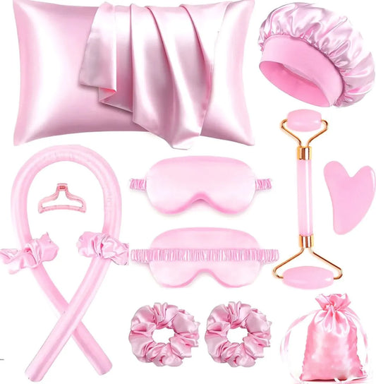 Hair Rollers - 12-Piece - Heatless Curling Iron - Heatless Curls - Curls without Heat - Includes Hair Clip and Satin Sleep Cap (Pink)
