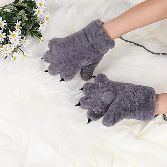 Gloves - 1 pair - Winter gloves - Cartoon gloves - Neckband - Children's gloves - Warm gloves - Plush gloves - One size（Gray） - Image 4