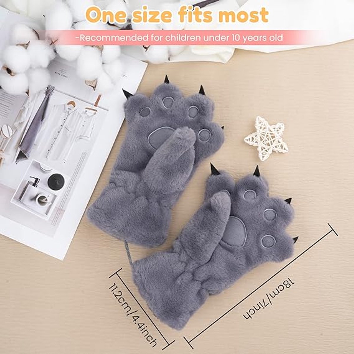 Gloves - 1 pair - Winter gloves - Cartoon gloves - Neckband - Children's gloves - Warm gloves - Plush gloves - One size（Gray） - Image 5