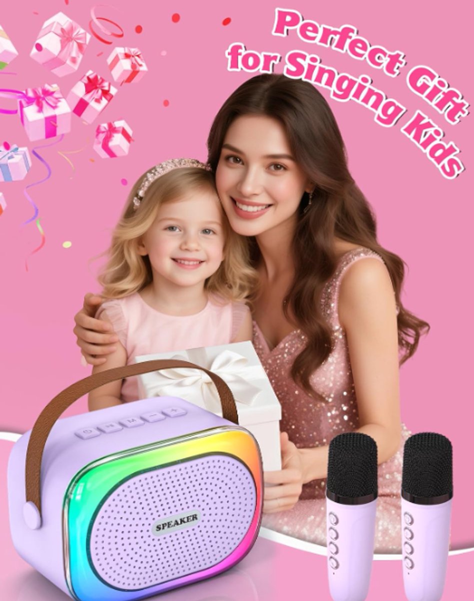 Karaoke Set for Kids - Portable Bluetooth Speaker for Car - Equipped with 2 Karaoke Microphones - Voice Changer and LED Lights - Ideal Birthday Gift for Teens and Kids - Pink - Image 4