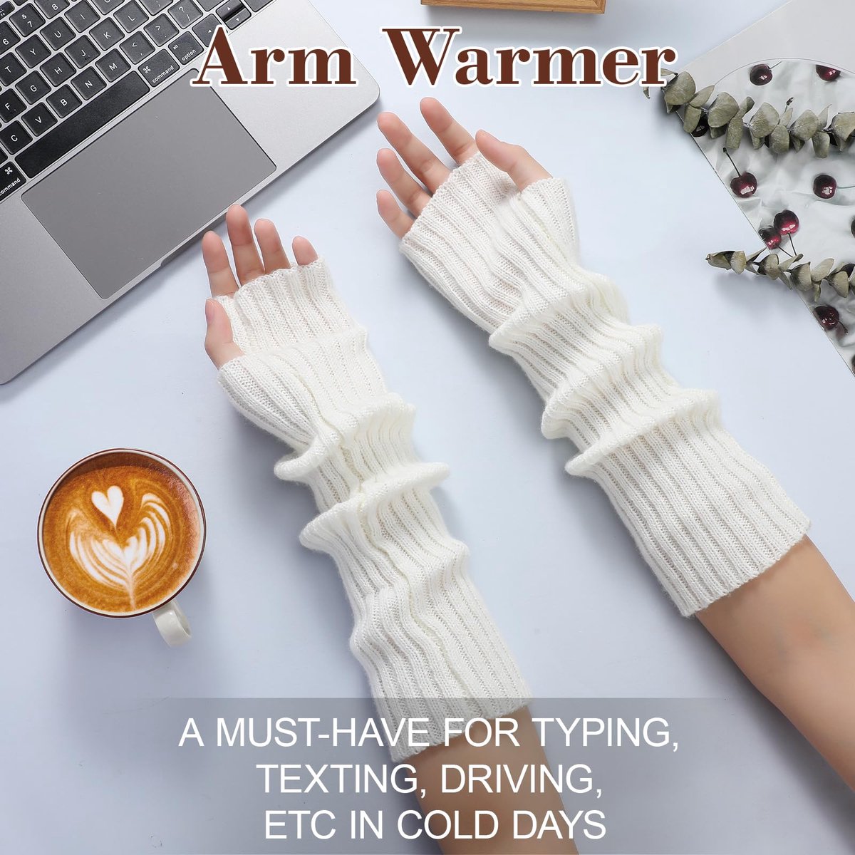 Arm Sleeves - Women's Long Fingerless - Knitted Y2K Arm Sleeves - (Vit) - Image 3