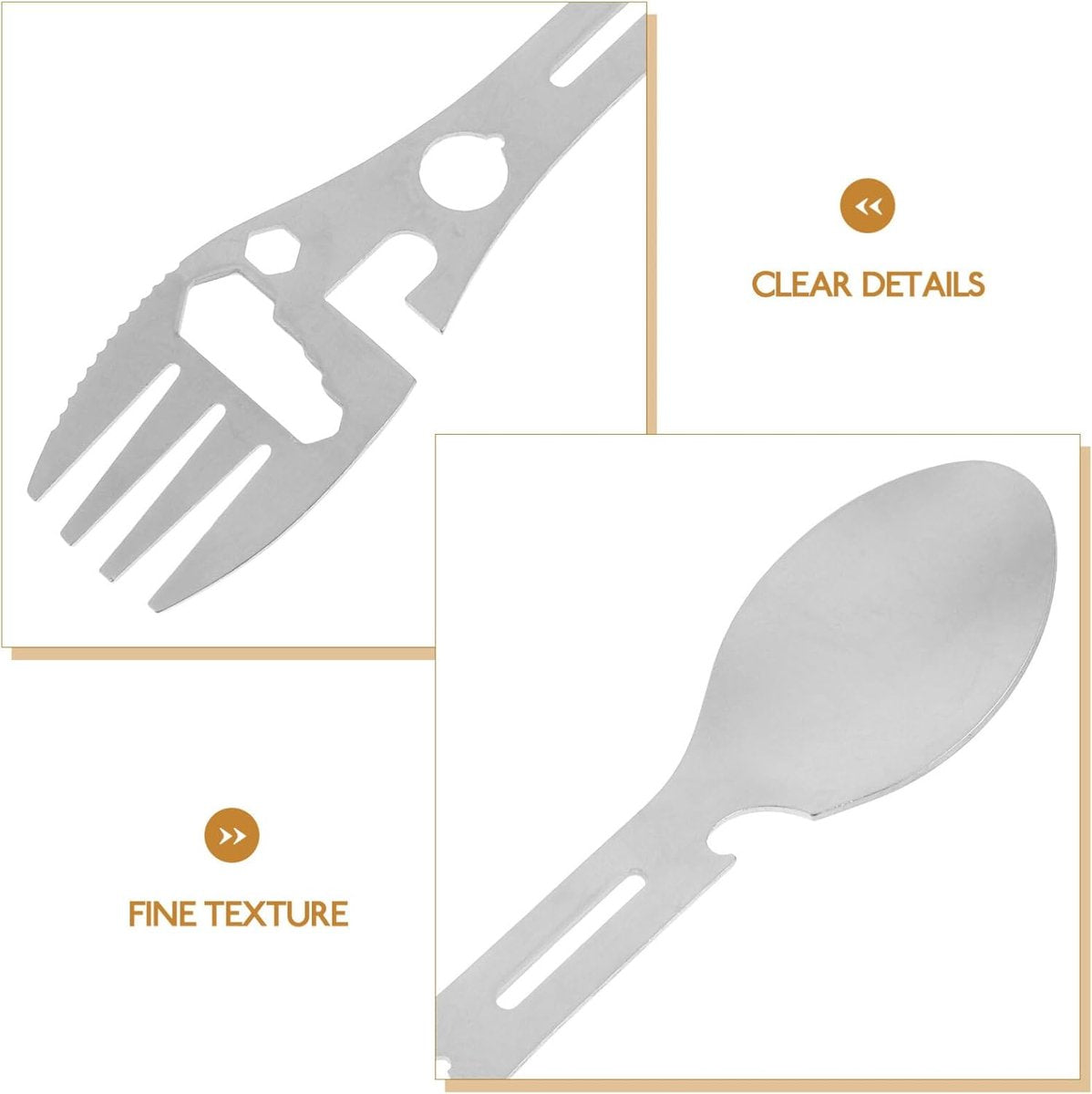 Stainless Steel Spoon and Fork - 10-in-1 Multi-Tool - Works as a combination spoon, fork, knife, bottle opener, and wrench - ideal for picnics, travel, backpacking, hiking, and fishing - Silver - Image 2