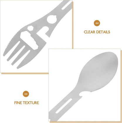 Stainless Steel Spoon and Fork - 10-in-1 Multi-Tool - Works as a combination spoon, fork, knife, bottle opener, and wrench - ideal for picnics, travel, backpacking, hiking, and fishing - Silver - Image 2