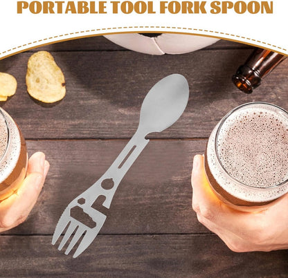 Stainless Steel Spoon and Fork - 10-in-1 Multi-Tool - Works as a combination spoon, fork, knife, bottle opener, and wrench - ideal for picnics, travel, backpacking, hiking, and fishing - Silver - Image 5
