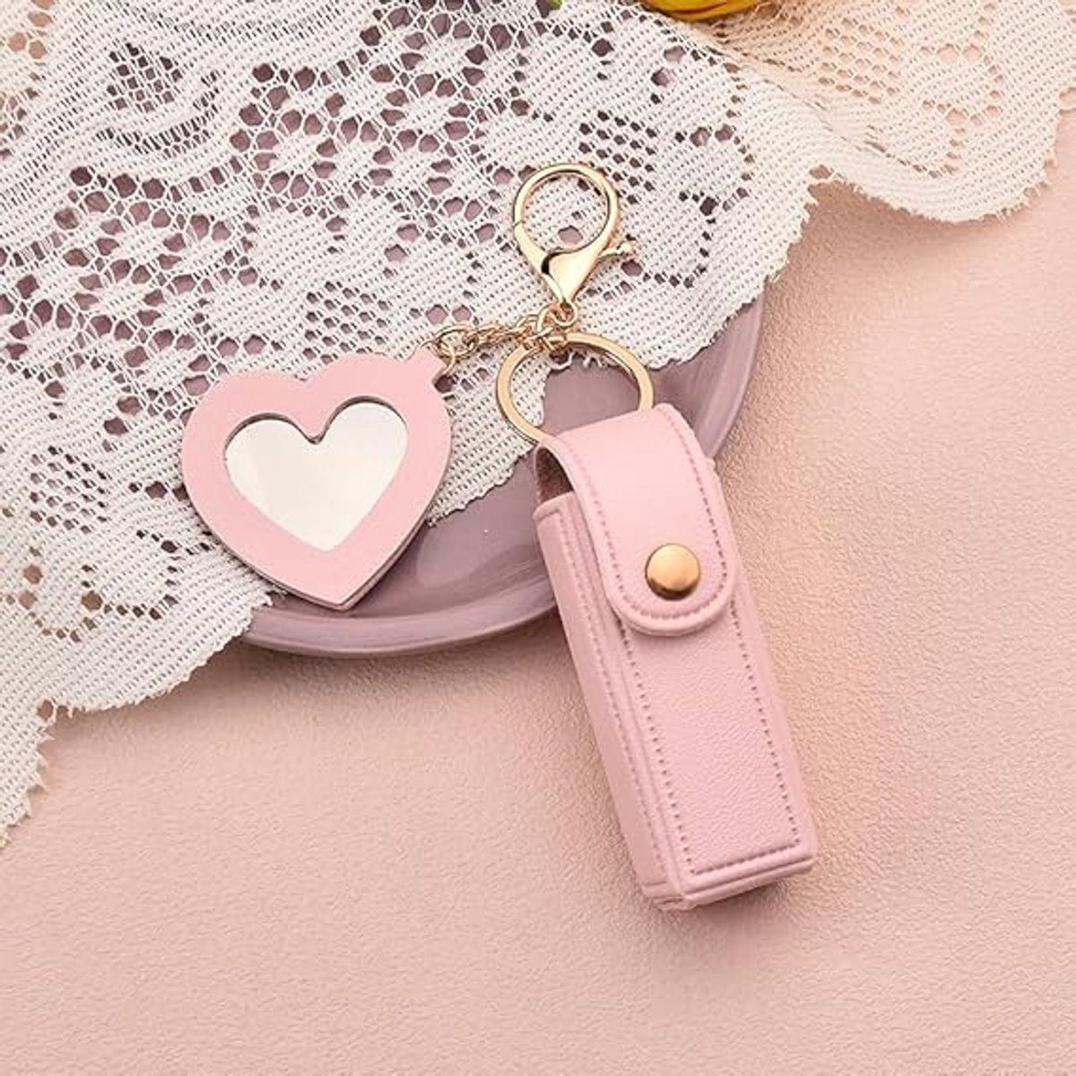 Lipstick Holder - with Mirror - Storage Box - Key Ring - Suitable for Car Keys, Lipstick Organizer (Pink) - Image 2