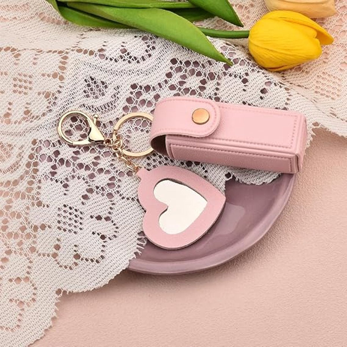 Lipstick Holder - with Mirror - Storage Box - Key Ring - Suitable for Car Keys, Lipstick Organizer (Pink) - Image 3