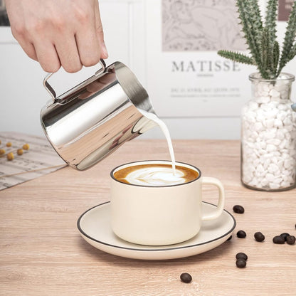 Milk Frothing Cup - 350ml Milk Frothing Cup - Clear Markings - Cappuccino Espresso Machine Accessory Made of Stainless Steel 304 - Suitable for Barista Coffee Shops - With Latte Art Pen - Silver - Image 2