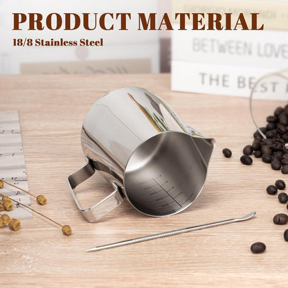 Milk Frothing Cup - 350ml Milk Frothing Cup - Clear Markings - Cappuccino Espresso Machine Accessory Made of Stainless Steel 304 - Suitable for Barista Coffee Shops - With Latte Art Pen - Silver - Image 4