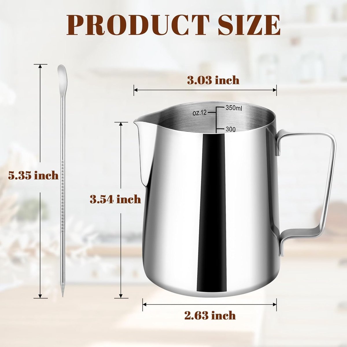 Milk Frothing Cup - 350ml Milk Frothing Cup - Clear Markings - Cappuccino Espresso Machine Accessory Made of Stainless Steel 304 - Suitable for Barista Coffee Shops - With Latte Art Pen - Silver - Image 5