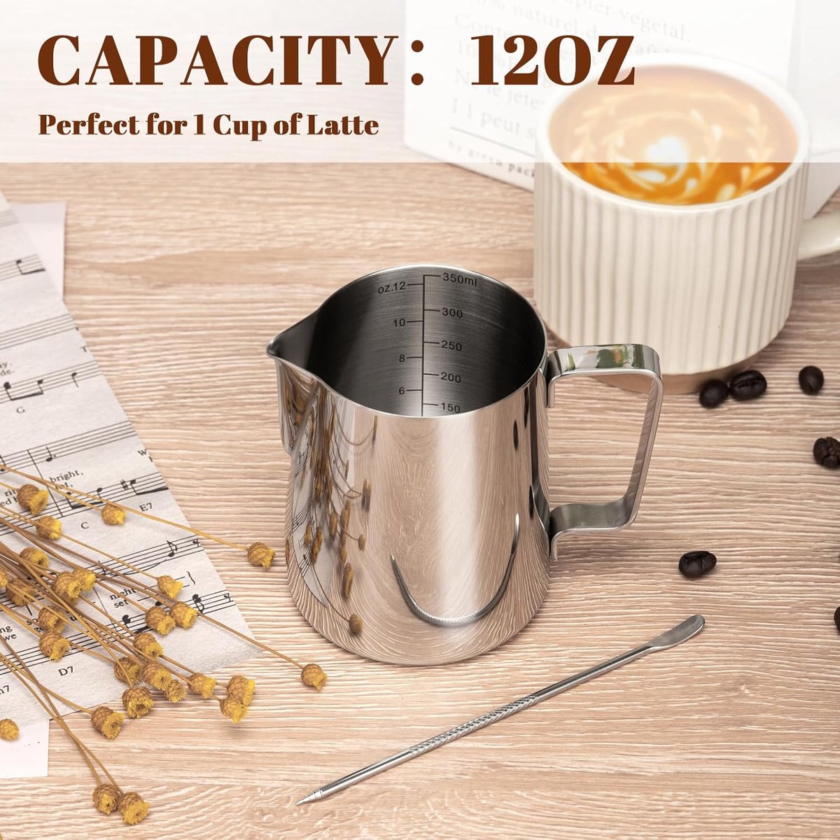 Milk Frothing Cup - 350ml Milk Frothing Cup - Clear Markings - Cappuccino Espresso Machine Accessory Made of Stainless Steel 304 - Suitable for Barista Coffee Shops - With Latte Art Pen - Silver - Image 6