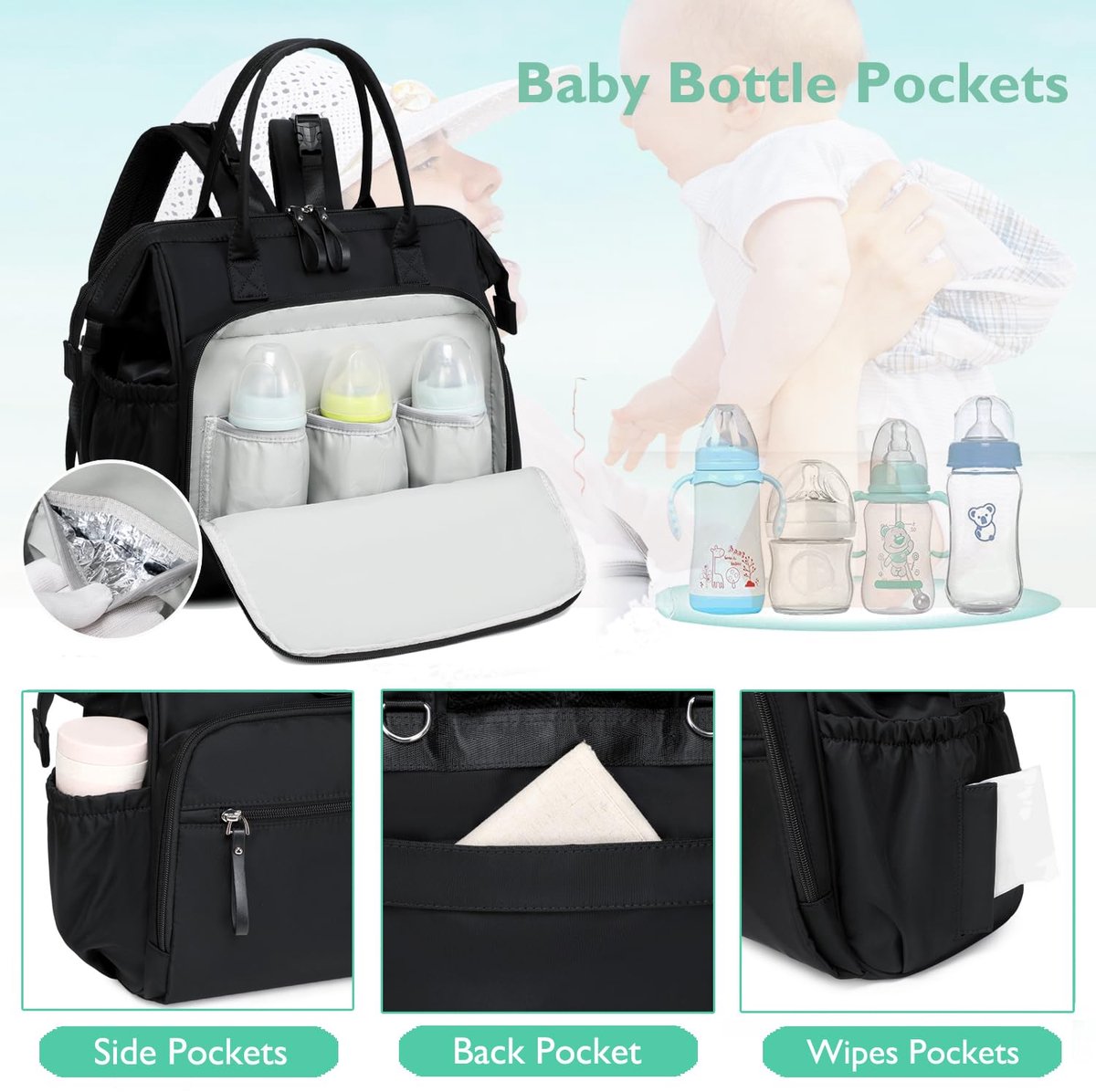 Convertible Diaper Bag - Wide Opening - 14 Pockets - Stylish - Baby Changing Bag - with Stroller Buckle - Diaper Bag - Waterproof (Black) - Image 3