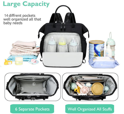 Convertible Diaper Bag - Wide Opening - 14 Pockets - Stylish - Baby Changing Bag - with Stroller Buckle - Diaper Bag - Waterproof (Black) - Image 4