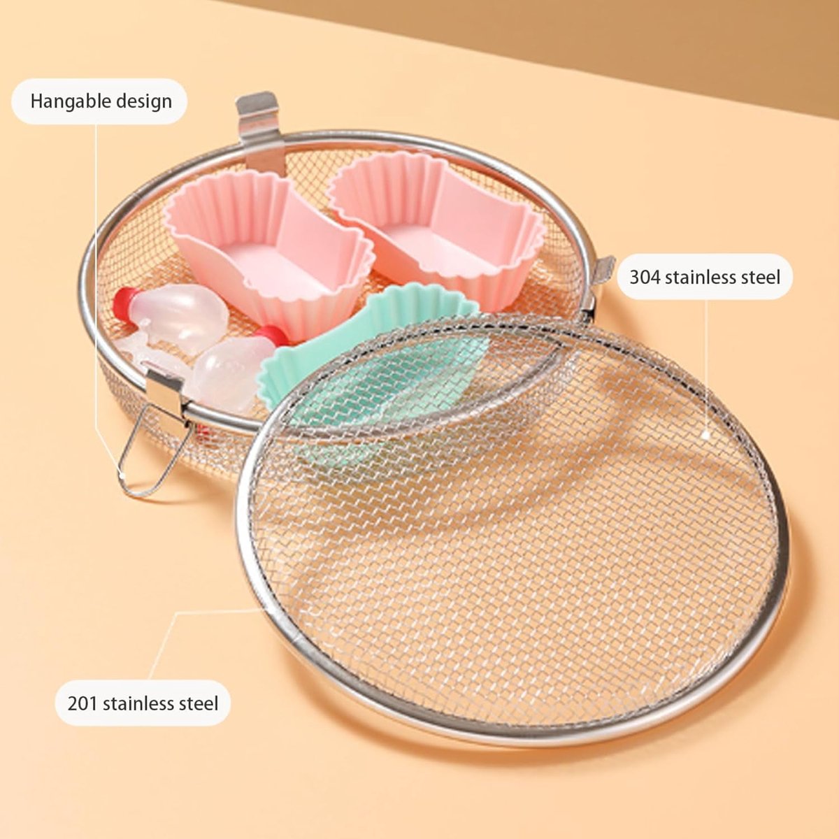 Dishwasher Basket for Small Items - Stainless Steel with 3 Buckles - Dishwasher Basket with Fine Mesh - Odorless - Round Shape - Scratch Resistant - Dishwasher Basket - Image 3