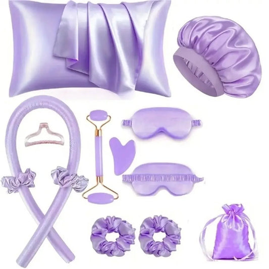 Hair Rollers - 12-Piece - Heatless Curling Iron - Heatless Curls - Curls without Heat - Includes Hair Clip and Satin Sleep Cap (Purple)