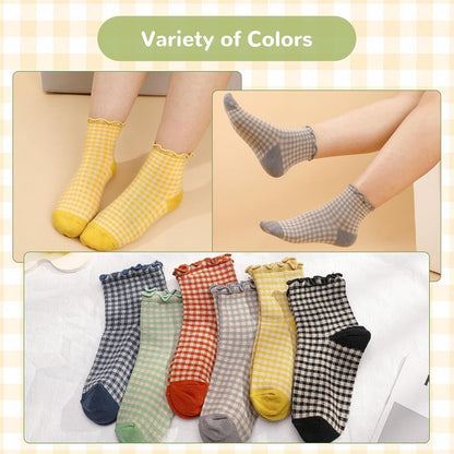 Socks - 6 Pairs of Pleated Socks for Women, Striped Pleated Socks, Cute Socks for Women - Checked Socks - Ankle Socks for Women - Cotton Knitted Socks - Sizes 5-9 - Image 3