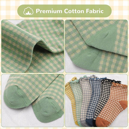 Socks - 6 Pairs of Pleated Socks for Women, Striped Pleated Socks, Cute Socks for Women - Checked Socks - Ankle Socks for Women - Cotton Knitted Socks - Sizes 5-9 - Image 4