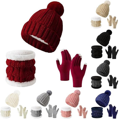 Gloves, hat and scarf - three-piece set - winter knitwear - fleece lined and thickened - warm and cold resistant - Claret - Image 2