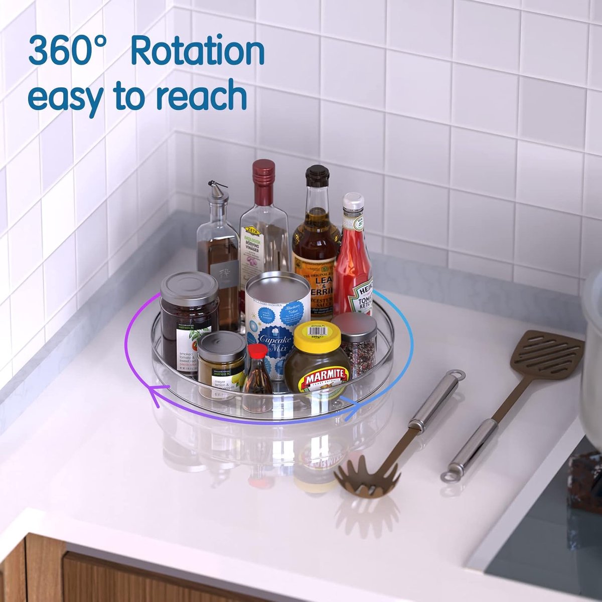 Set of two rotating storage racks (27+23.5 cm) - Rotating spice rack, rotating rack for refrigerator cabinet, rotating shelf for cupboard - Suitable for various storage spaces - Cosmetics storage - Image 3