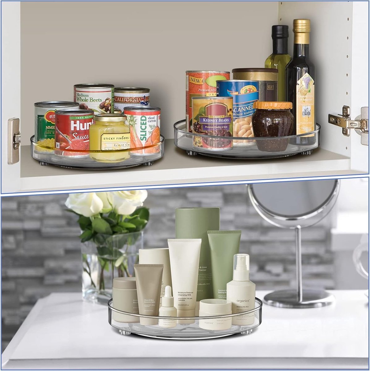 Set of two rotating storage racks (27+23.5 cm) - Rotating spice rack, rotating rack for refrigerator cabinet, rotating shelf for cupboard - Suitable for various storage spaces - Cosmetics storage - Image 4
