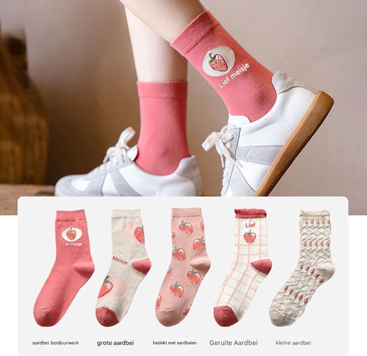 5 pairs of socks - Women's autumn and winter socks - Women's strawberry socks - Fashion socks with round neck - Princess socks - Preppy style socks - Image 4