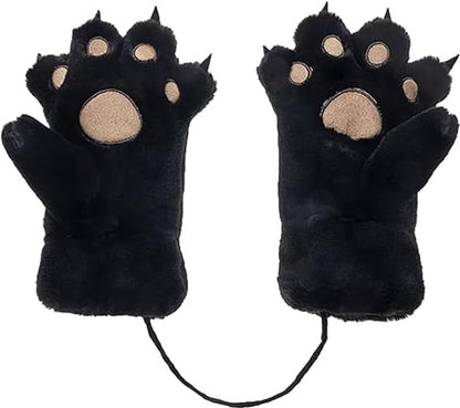 Gloves - 1 pair - Winter gloves - Cartoon gloves - Neckband - Children's gloves - Warm gloves - Plush gloves - One size（Black）