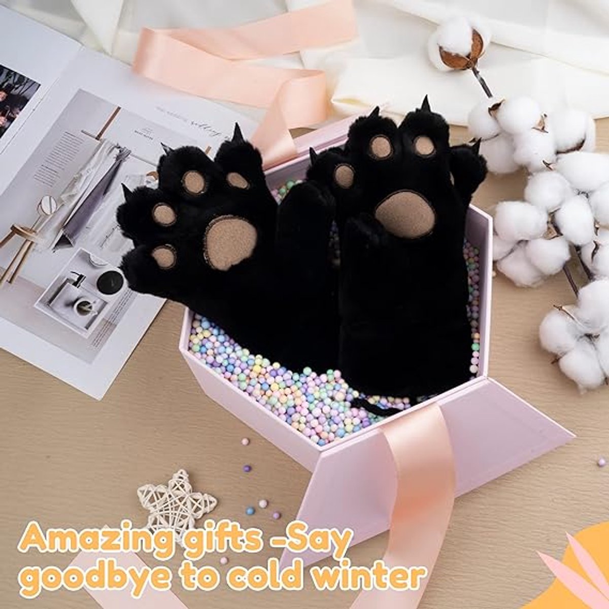 Gloves - 1 pair - Winter gloves - Cartoon gloves - Neckband - Children's gloves - Warm gloves - Plush gloves - One size（Black） - Image 2
