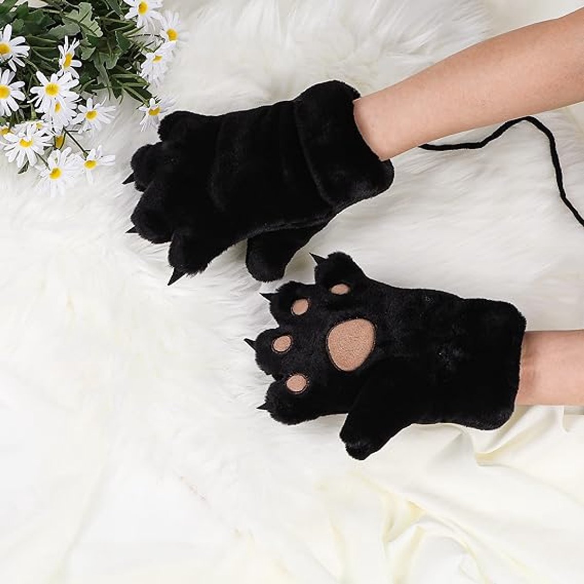 Gloves - 1 pair - Winter gloves - Cartoon gloves - Neckband - Children's gloves - Warm gloves - Plush gloves - One size（Black） - Image 4