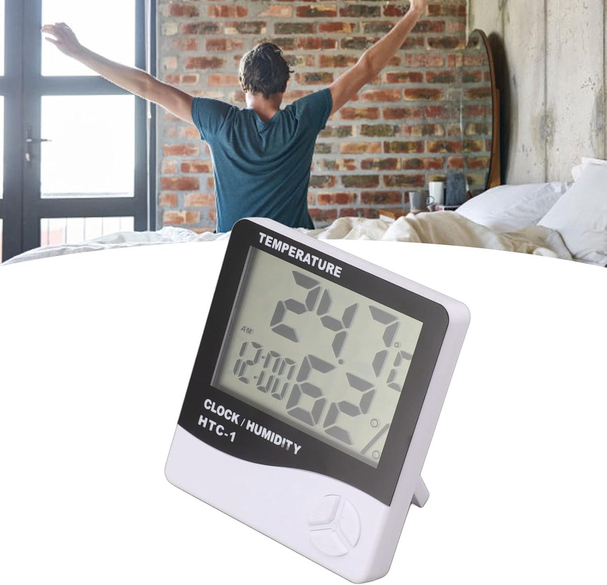HTC-1 Home Thermometer with Electronic Alarm Clock - Creative Thermometer and Hygrometer with Large Screen - Portable Visual Alarm Clock - Image 3
