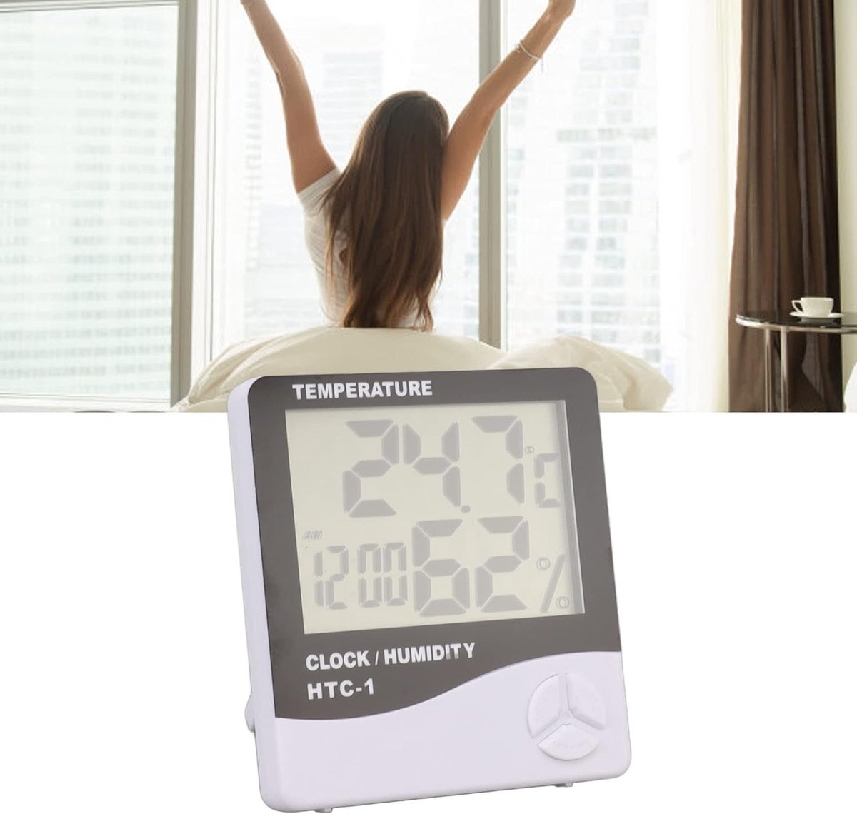 HTC-1 Home Thermometer with Electronic Alarm Clock - Creative Thermometer and Hygrometer with Large Screen - Portable Visual Alarm Clock - Image 4