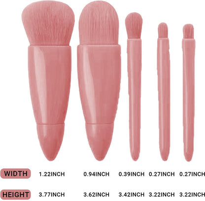 Makeup Brush Set - 5-Pack - Portable - Travel Makeup Brush Set with Mirror Case - Professional Foundation Brush, Eyeshadow Brush, and Blending Brush for Women - Lotus Pink - Image 2