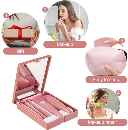 Makeup Brush Set - 5-Pack - Portable - Travel Makeup Brush Set with Mirror Case - Professional Foundation Brush, Eyeshadow Brush, and Blending Brush for Women - Lotus Pink - Image 3
