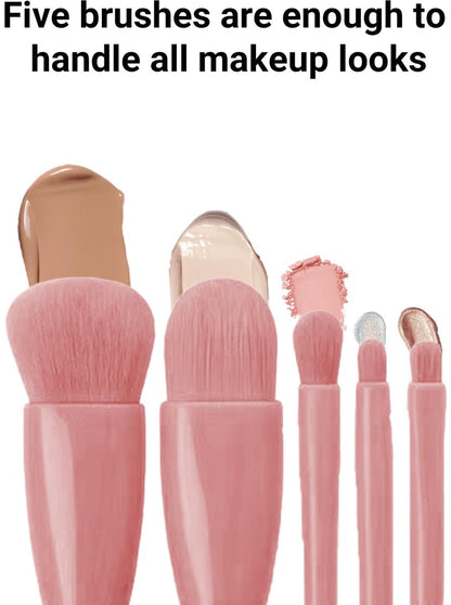 Makeup Brush Set - 5-Pack - Portable - Travel Makeup Brush Set with Mirror Case - Professional Foundation Brush, Eyeshadow Brush, and Blending Brush for Women - Lotus Pink - Image 4