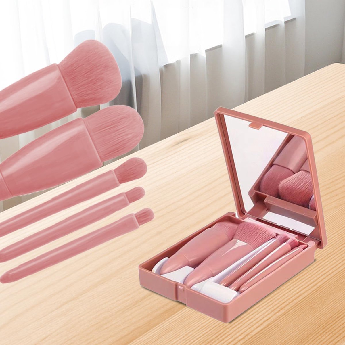 Makeup Brush Set - 5-Pack - Portable - Travel Makeup Brush Set with Mirror Case - Professional Foundation Brush, Eyeshadow Brush, and Blending Brush for Women - Lotus Pink - Image 6