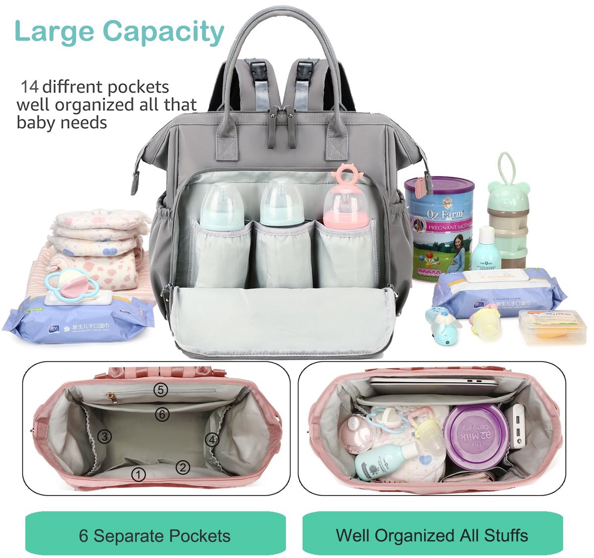 Convertible Diaper Bag - Wide Opening - 14 Pockets - Stylish - Baby Changing Bag - with Stroller Buckle - Diaper Bag - Waterproof (Gray) - Image 2