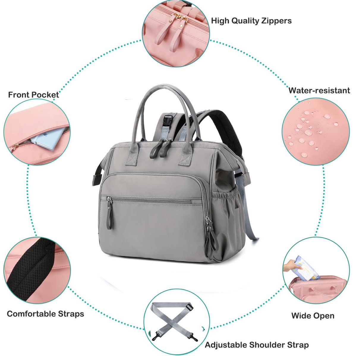 Convertible Diaper Bag - Wide Opening - 14 Pockets - Stylish - Baby Changing Bag - with Stroller Buckle - Diaper Bag - Waterproof (Gray) - Image 4