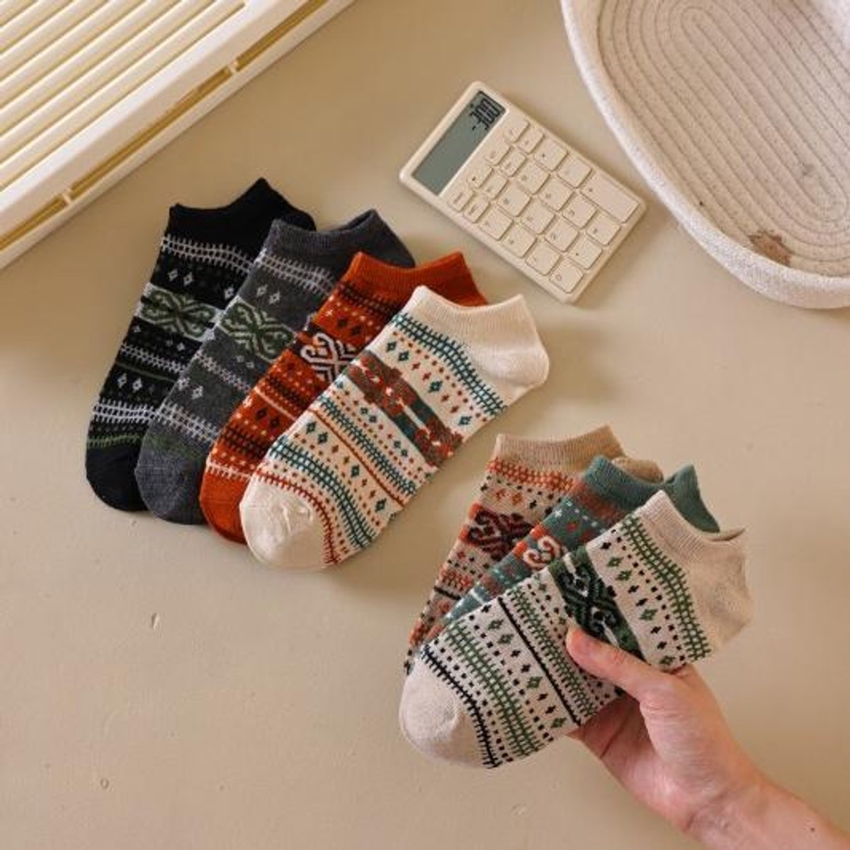 Socks - Fall/Winter Vintage Ethnic Striped Mid-Calf Socks - Breathable - Comfortable - Maillard - Crew Socks (7 Pairs) - Image 4