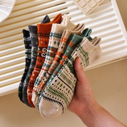 Socks - Fall/Winter Vintage Ethnic Striped Mid-Calf Socks - Breathable - Comfortable - Maillard - Crew Socks (7 Pairs) - Image 5