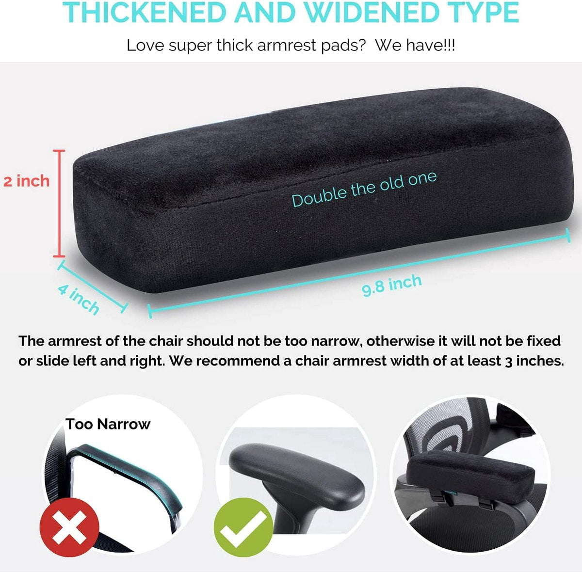 Armrests for chairs - Elbow pads - Armrests for office chairs - Gaming chair - with memory foam armrests - 5 cm thick - Set of 2 (black) - Image 4