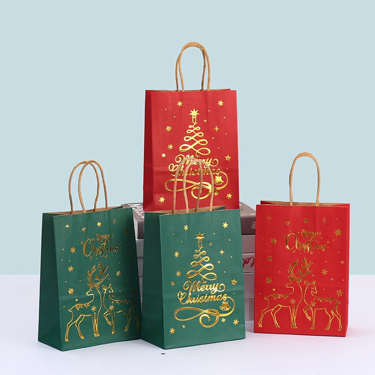 Gift Bags - 12 pieces - Kraft paper gift bags - Bags - Tote bags - Christmas paper bags with print - Party wrapping bags
