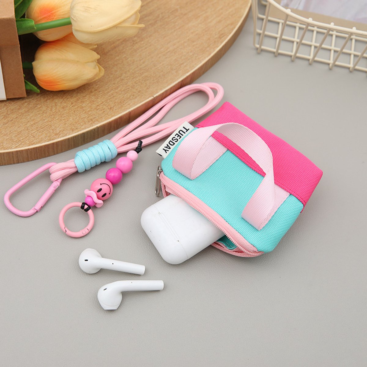 Mini Portable Headphone Case - Storage Box - Data Cable Cover - Storage Bag - Coin Card Holder - Trendy Dopamine Pink - Image 2