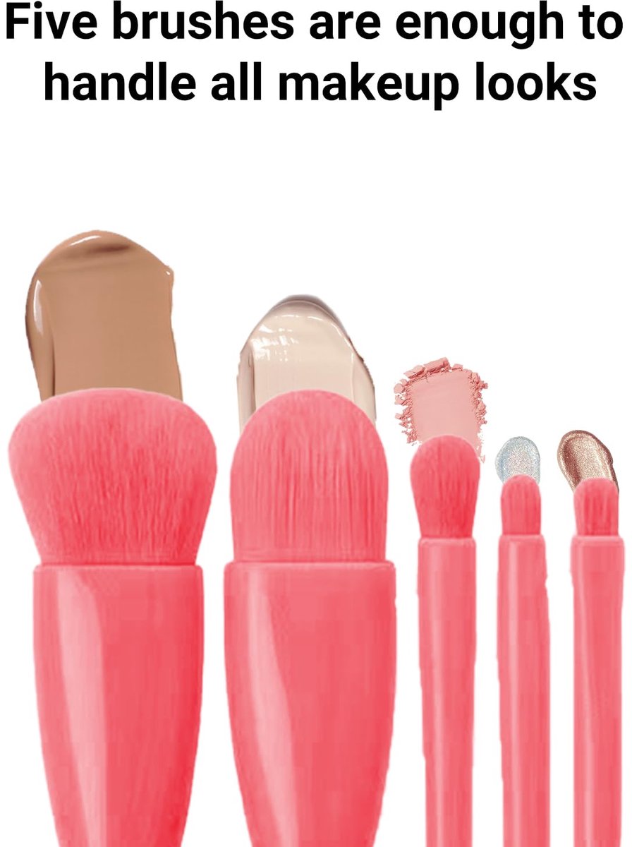 Makeup Brush Set - 5-Pack - Portable - Travel Makeup Brush Set with Mirror Case - Professional Foundation Brush, Eyeshadow Brush, and Blending Brush for Women - Pink - Image 4