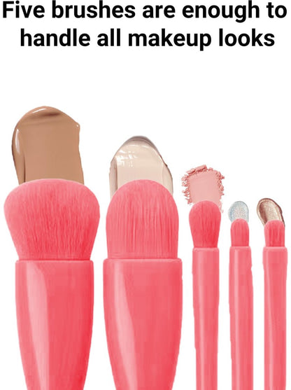 Makeup Brush Set - 5-Pack - Portable - Travel Makeup Brush Set with Mirror Case - Professional Foundation Brush, Eyeshadow Brush, and Blending Brush for Women - Pink - Image 4