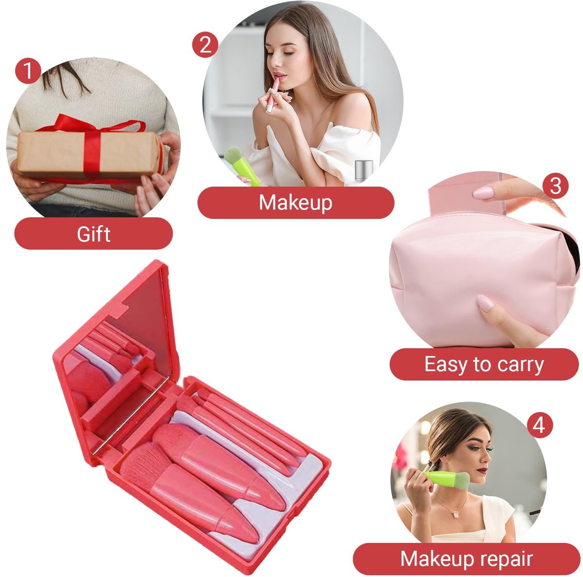 Makeup Brush Set - 5-Pack - Portable - Travel Makeup Brush Set with Mirror Case - Professional Foundation Brush, Eyeshadow Brush, and Blending Brush for Women - Pink - Image 6