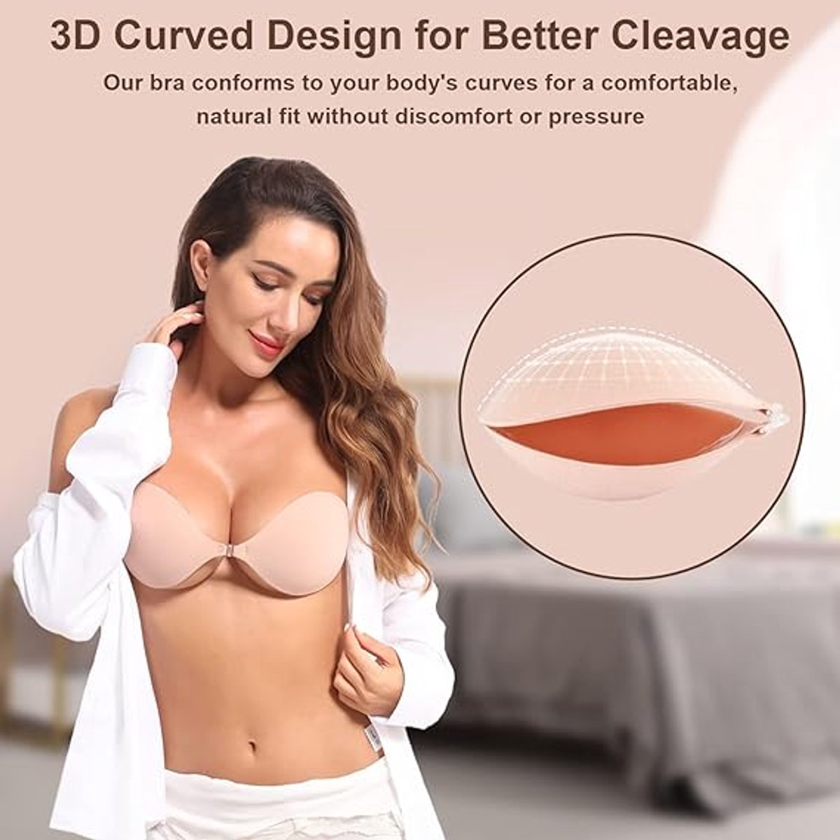 1 round bra cup - strapless invisible silicone - transparent push-up bra - seamless design - front closure - beige - A - Image 5