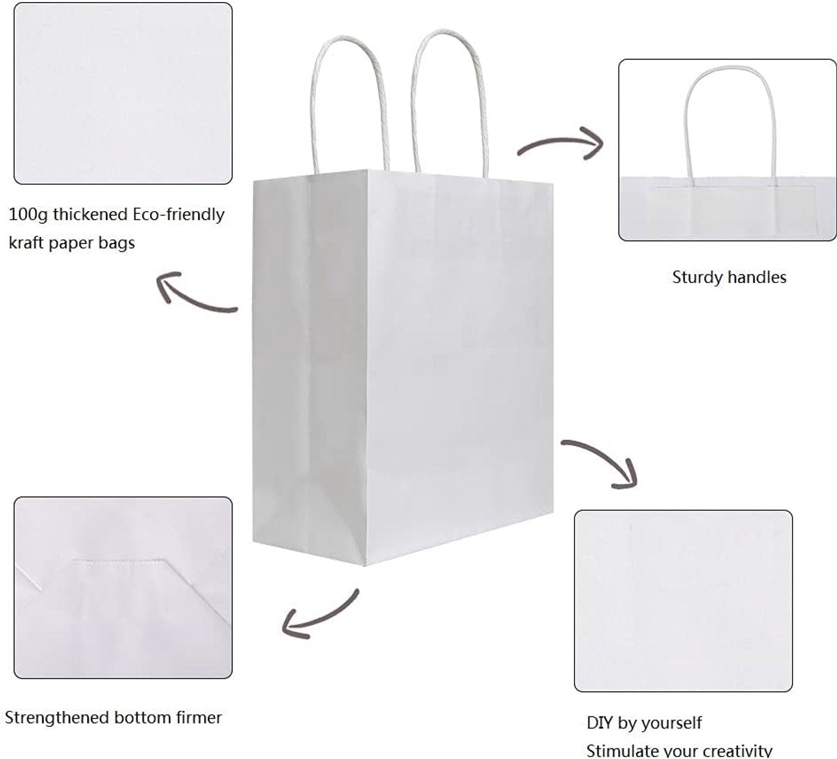 Pack of 20 - Size 21*11*27cm, Medium White Kraft Paper Bags with Handles - Gift Bags, Craft Bags, Shopping Bags, Shopping Bags, Birthday Gift Bags, Wedding Bags, Business Bags - Image 2