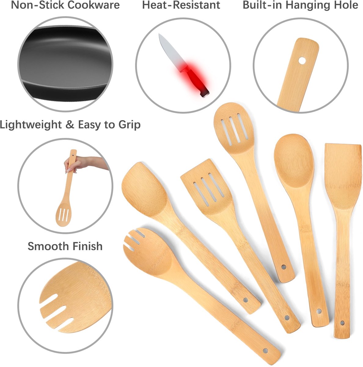 cookware set - 6-piece bamboo spatula and spoon set - Suitable for cooking - Wooden cookware - Image 2