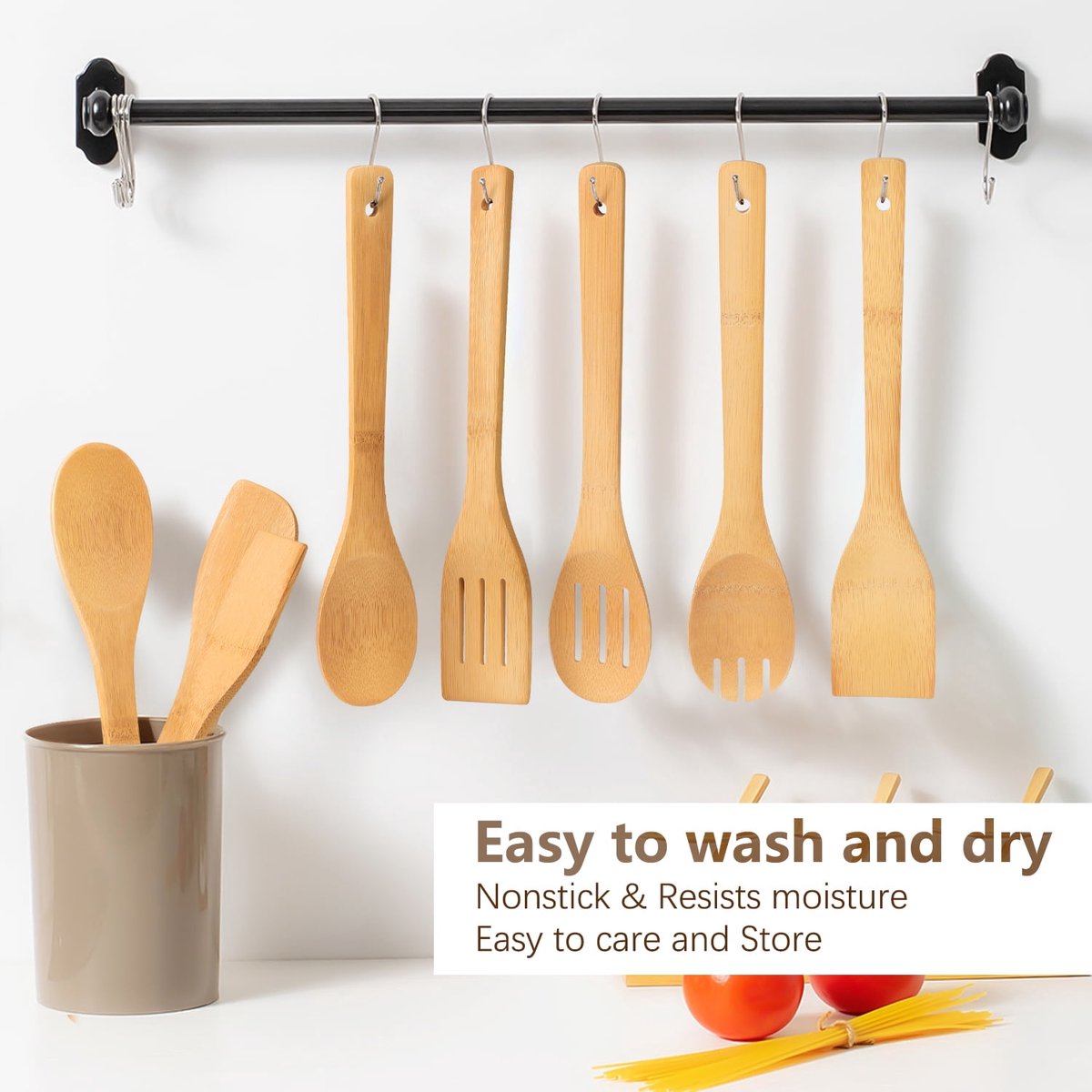 cookware set - 6-piece bamboo spatula and spoon set - Suitable for cooking - Wooden cookware - Image 4