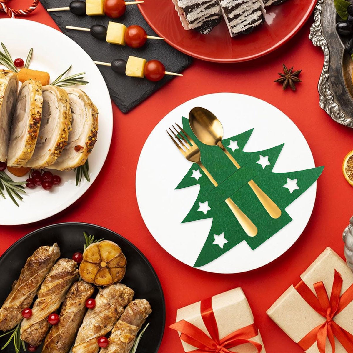 Christmas Tree Cutlery Organizer - 24-Piece Pack - Silver Cutlery Organizer Bag - Cutlery Case - Christmas Tree Pattern Felt Cutlery Case - Christmas Holiday Party Table Decoration - Image 3