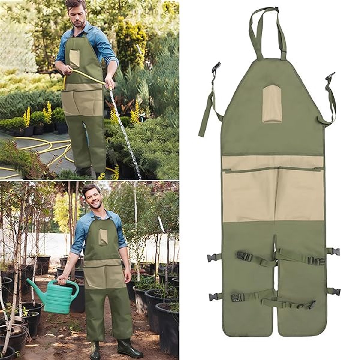 One-Piece Garden Apron - Men's Apron - Harvest Apron with Pockets - Waterproof - Adjustable, Knee-Reinforced - Suitable for Mowing and Grass Trimming (Green + Khaki) - Image 4